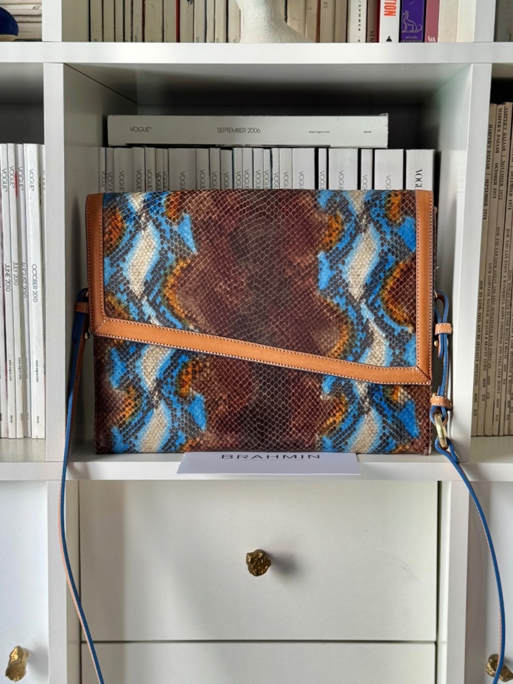 BRAHMIN Jolie Anaconda blue brown snakeskin clutch bag flap shoulder purse RARE